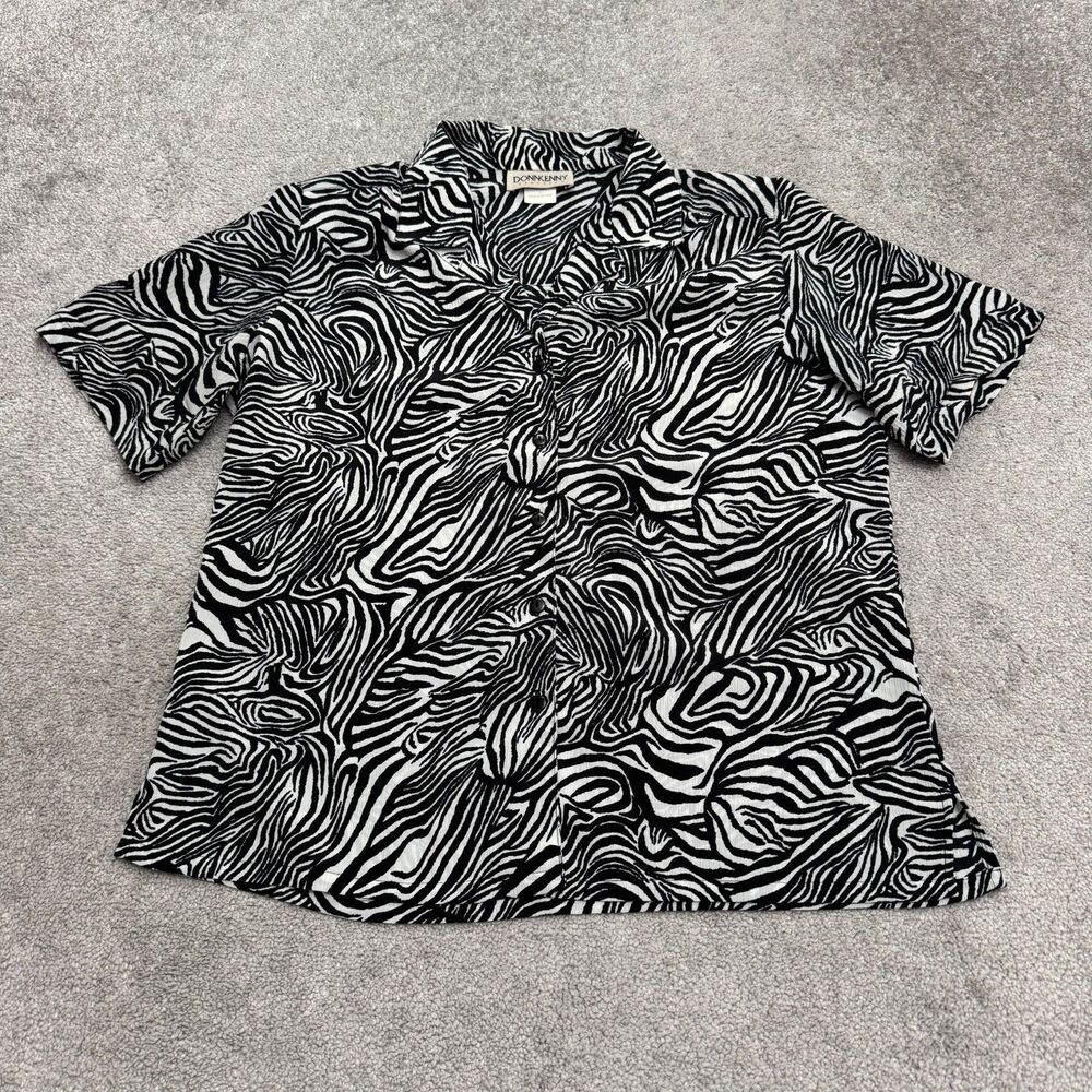 Vintage Donnkenny Zebra Print Button Down Shirt Womens Large Black White Blouse